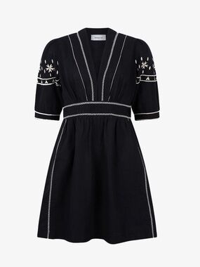 Anthropologie by BERENICE Embroidered V-Neck 100% Cotton Mini Dress -‎ Black